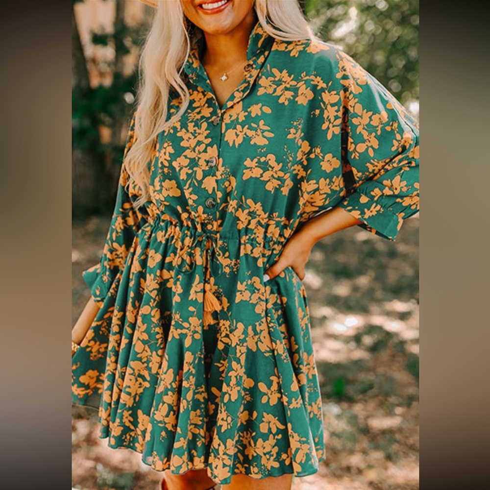 1047. Floral tunic drawstring drop waist dress in green & gold